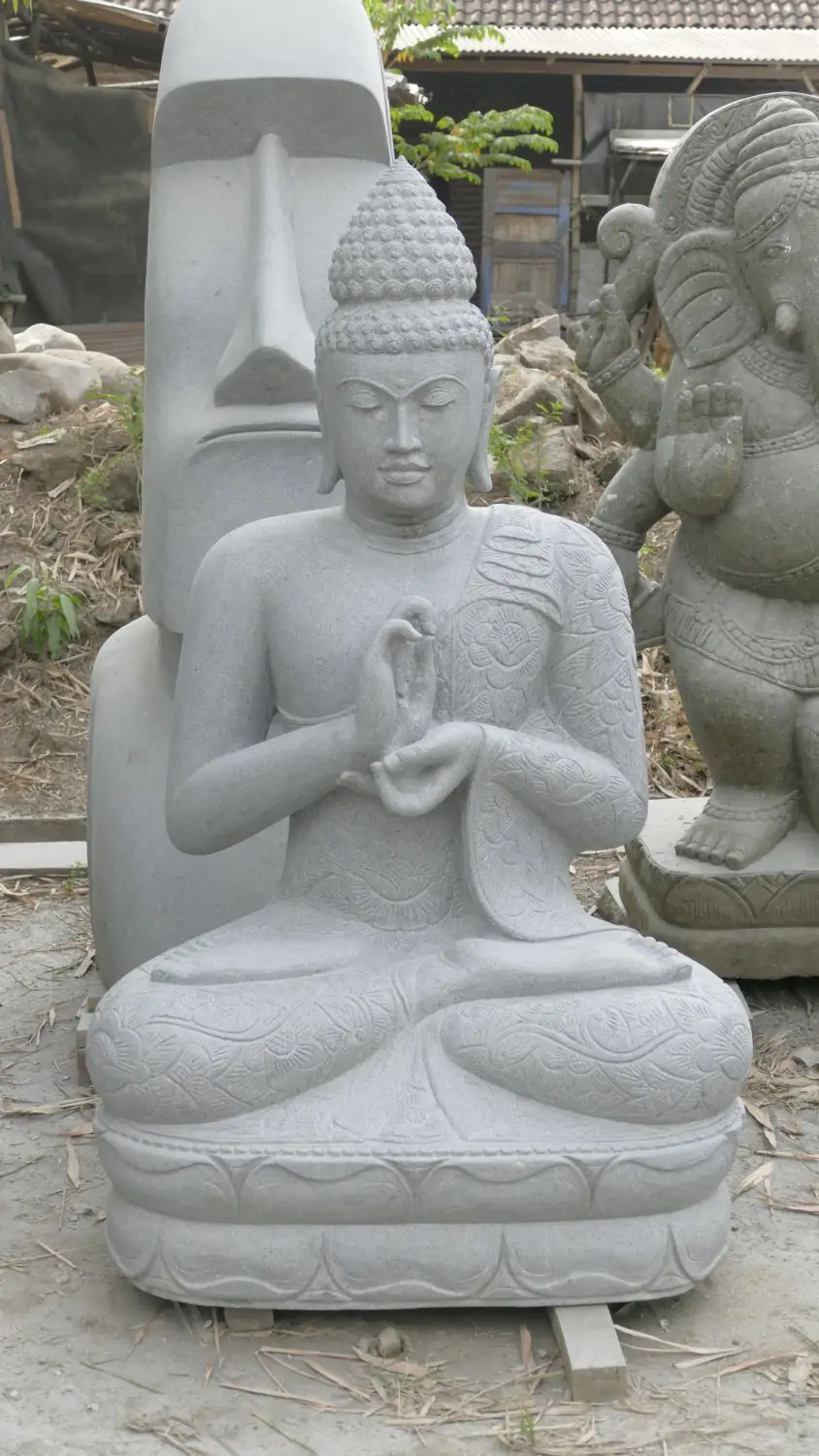  Product image 2 of the product “Seated Buddha with floral carving -Chakra position. About 152cm height. Natural stone (river stone), stonemasonry ”